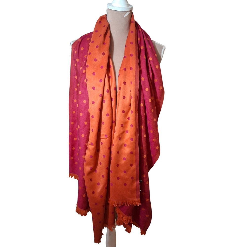 Talbots Reversible Polka Dot Scarf Orange Pink Herringbone Fringe Wrap New